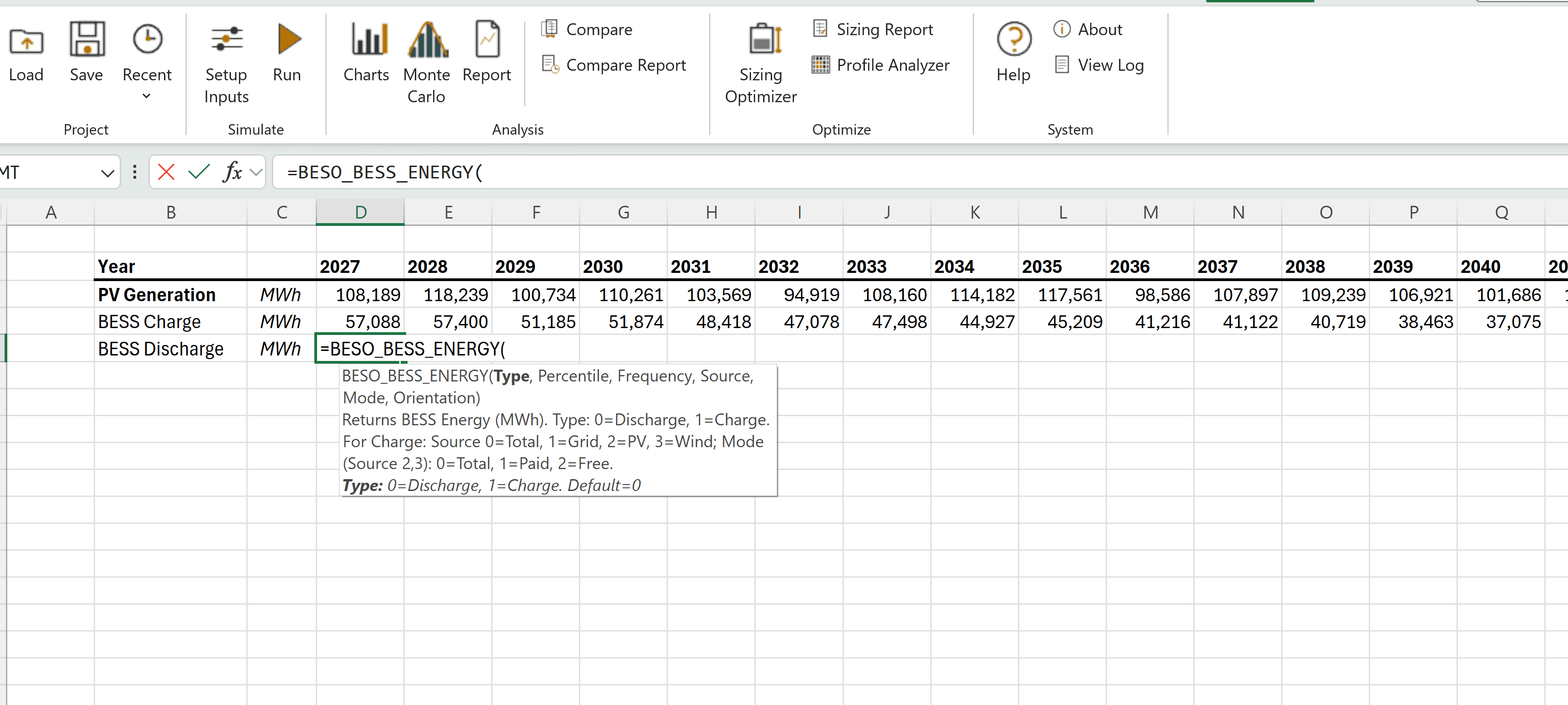 BESO Excel functions — IntelliSense tooltip with annual data