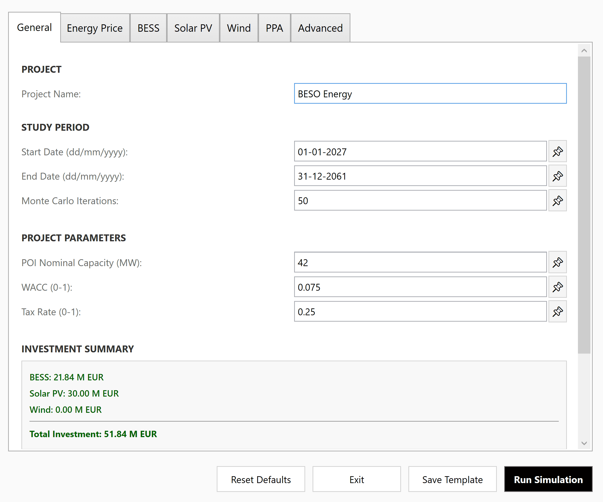BESO Input Window — 7 configuration tabs for BESS, PV, Wind, PPA